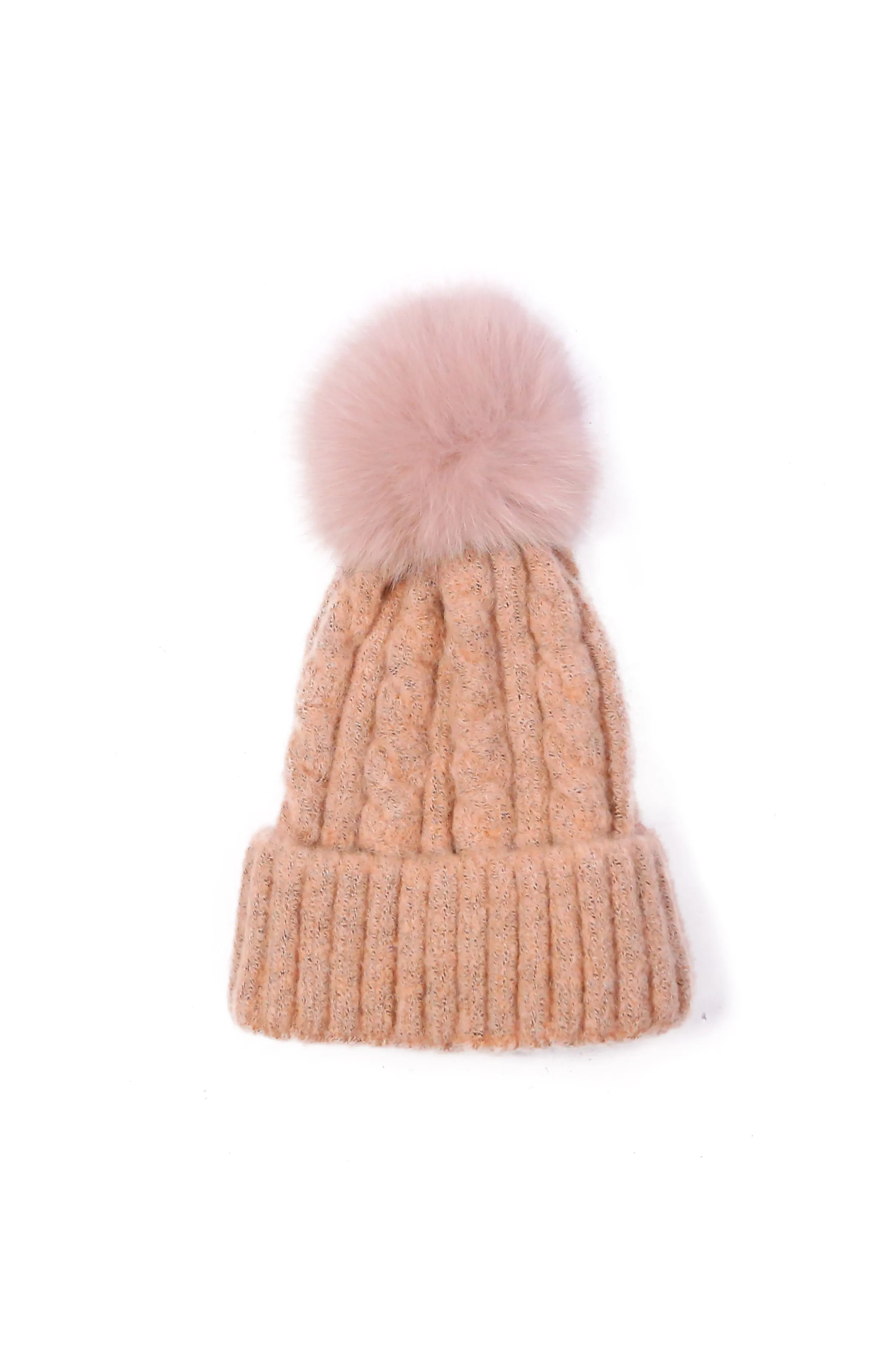 Cable-Knit Fold-Over Beanie With Fox Fur Pom