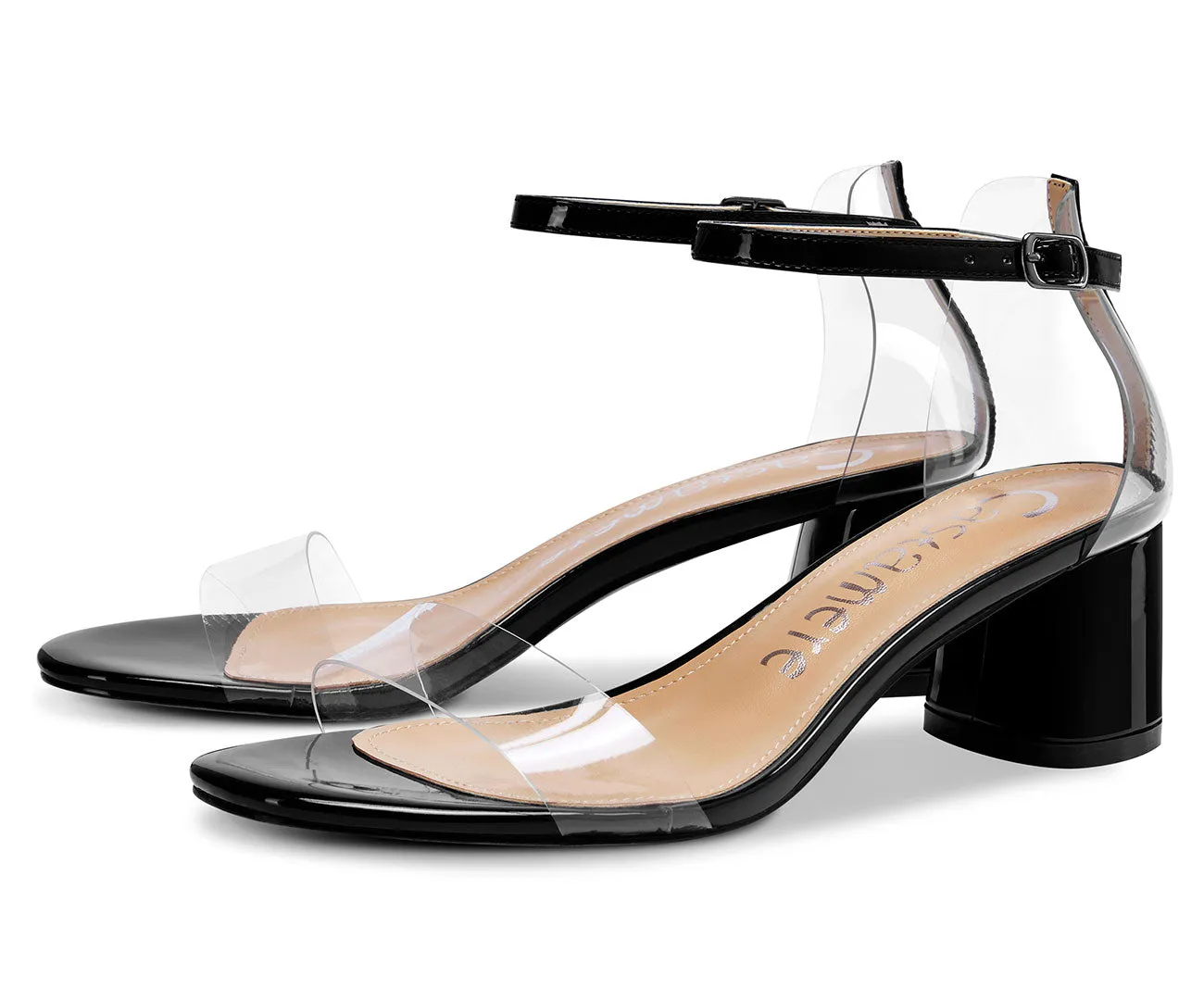 CASTAMERE Womens Chunky Block Mid Heels Sandals Transparent Ankle Strap Open Toe 5CM Heeled Sandal
