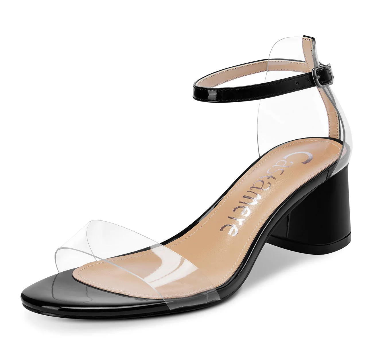 CASTAMERE Womens Chunky Block Mid Heels Sandals Transparent Ankle Strap Open Toe 5CM Heeled Sandal