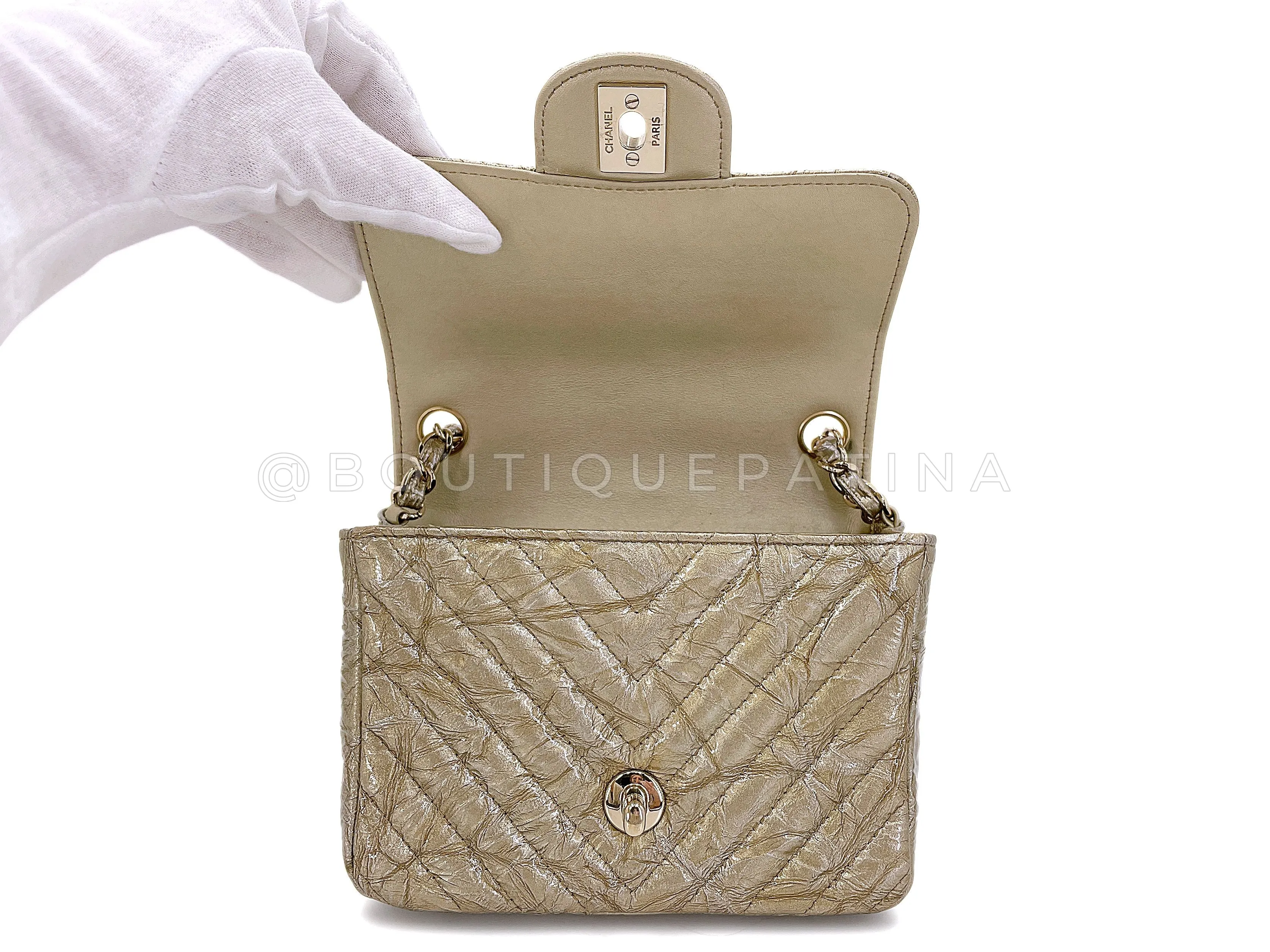 Chanel 18S Distressed Gold Crumpled Calf Patent Chevron Square Mini Flap Bag