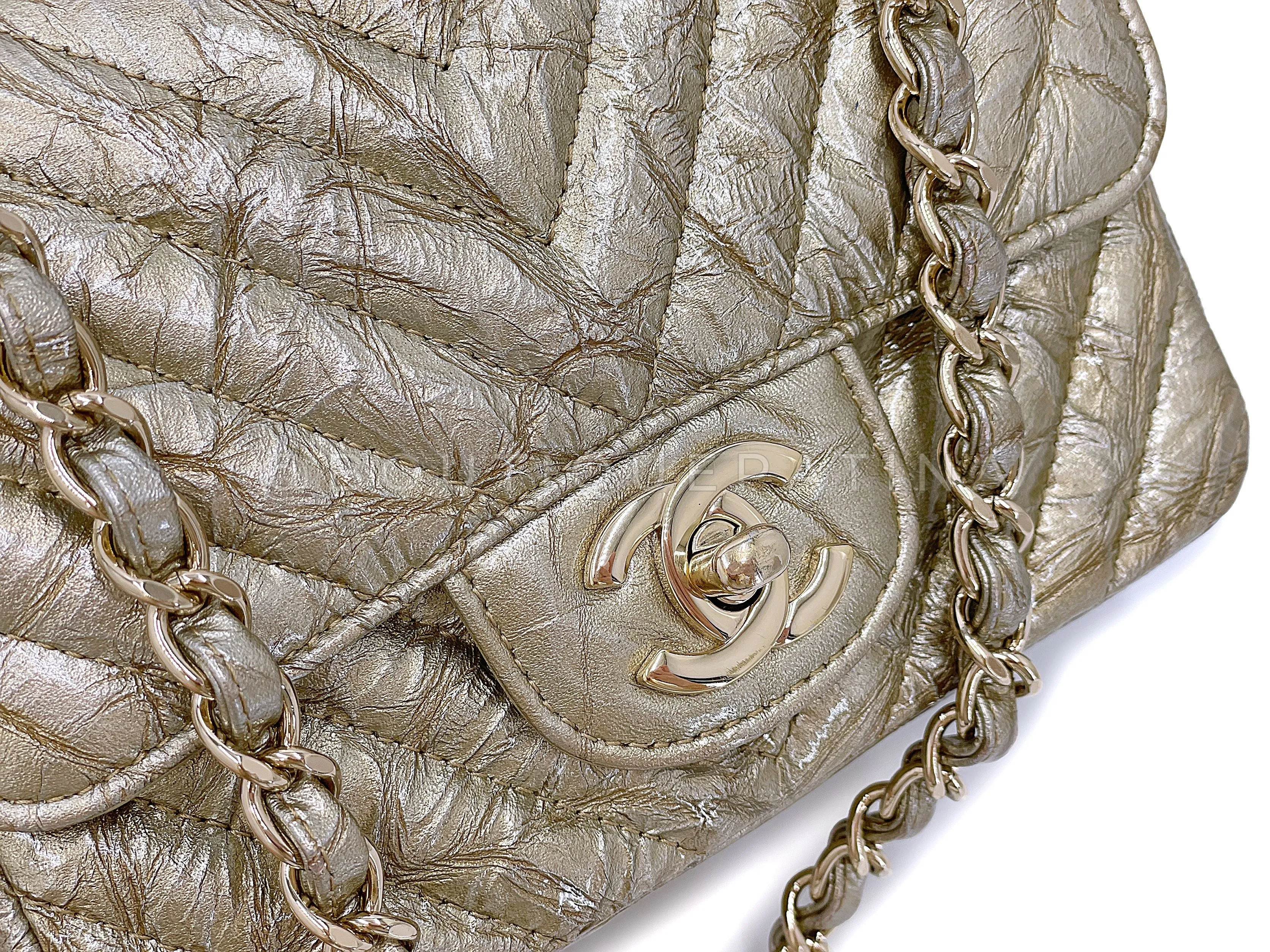 Chanel 18S Distressed Gold Crumpled Calf Patent Chevron Square Mini Flap Bag