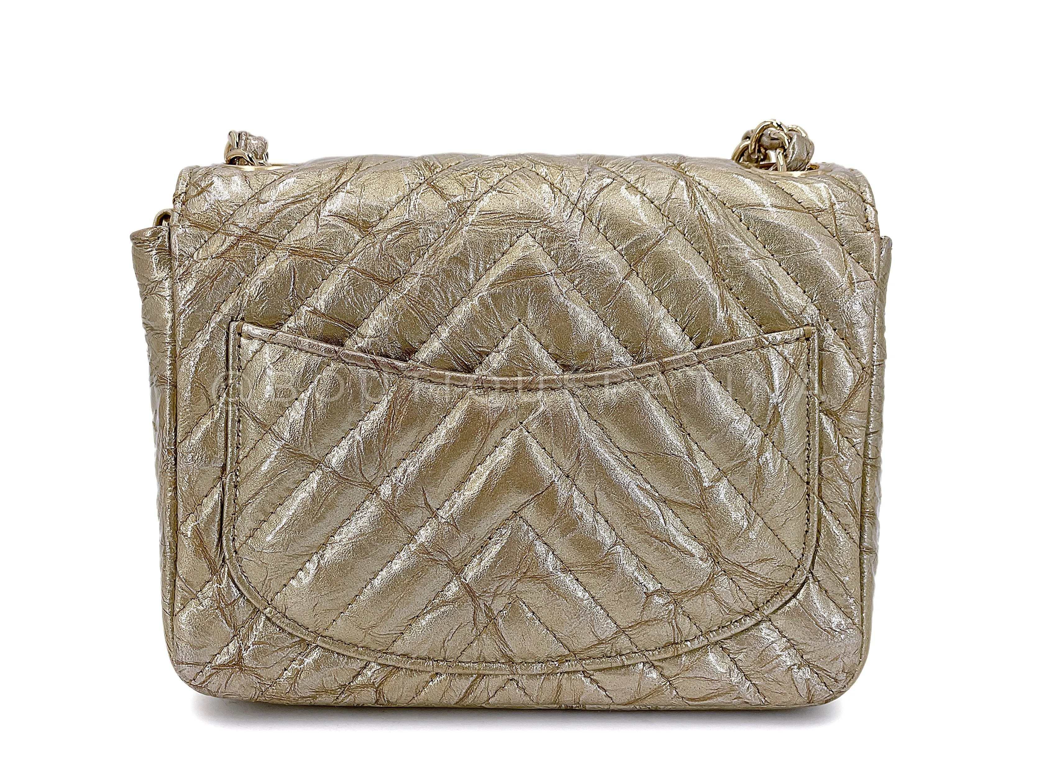 Chanel 18S Distressed Gold Crumpled Calf Patent Chevron Square Mini Flap Bag