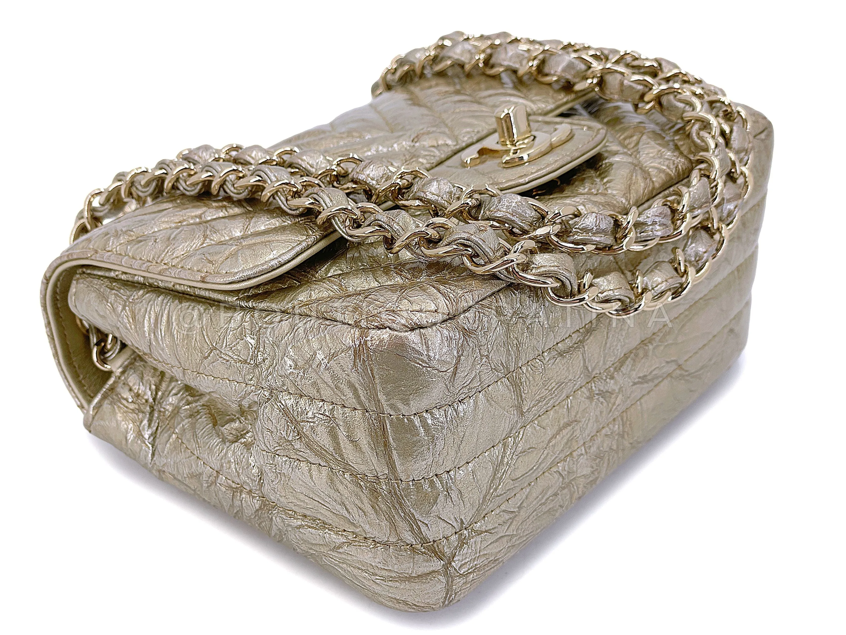Chanel 18S Distressed Gold Crumpled Calf Patent Chevron Square Mini Flap Bag