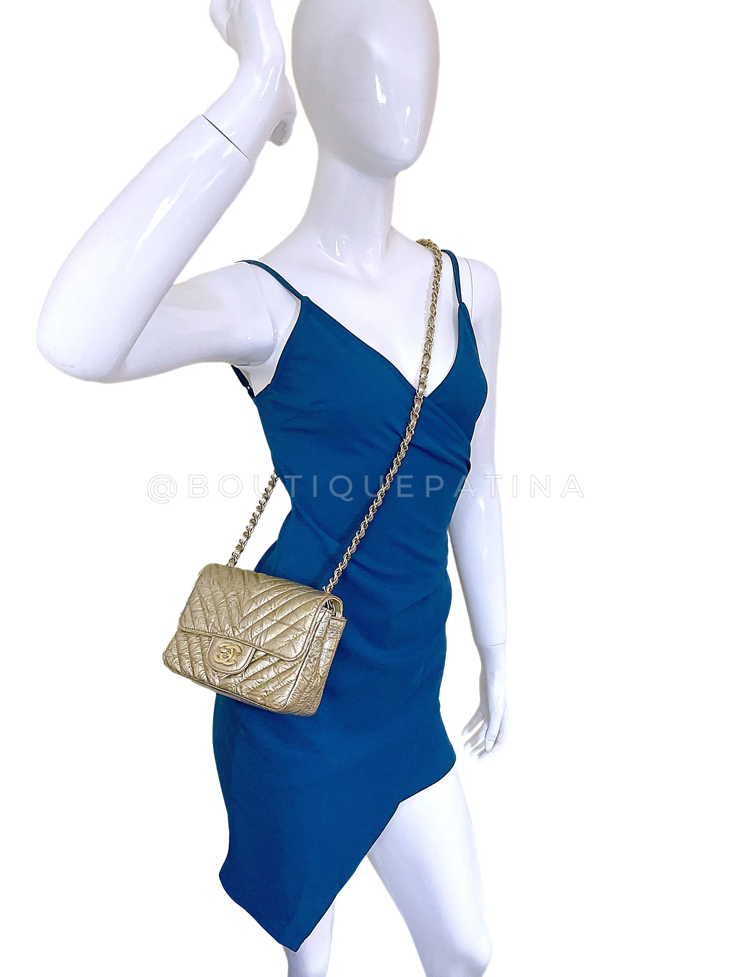 Chanel 18S Distressed Gold Crumpled Calf Patent Chevron Square Mini Flap Bag