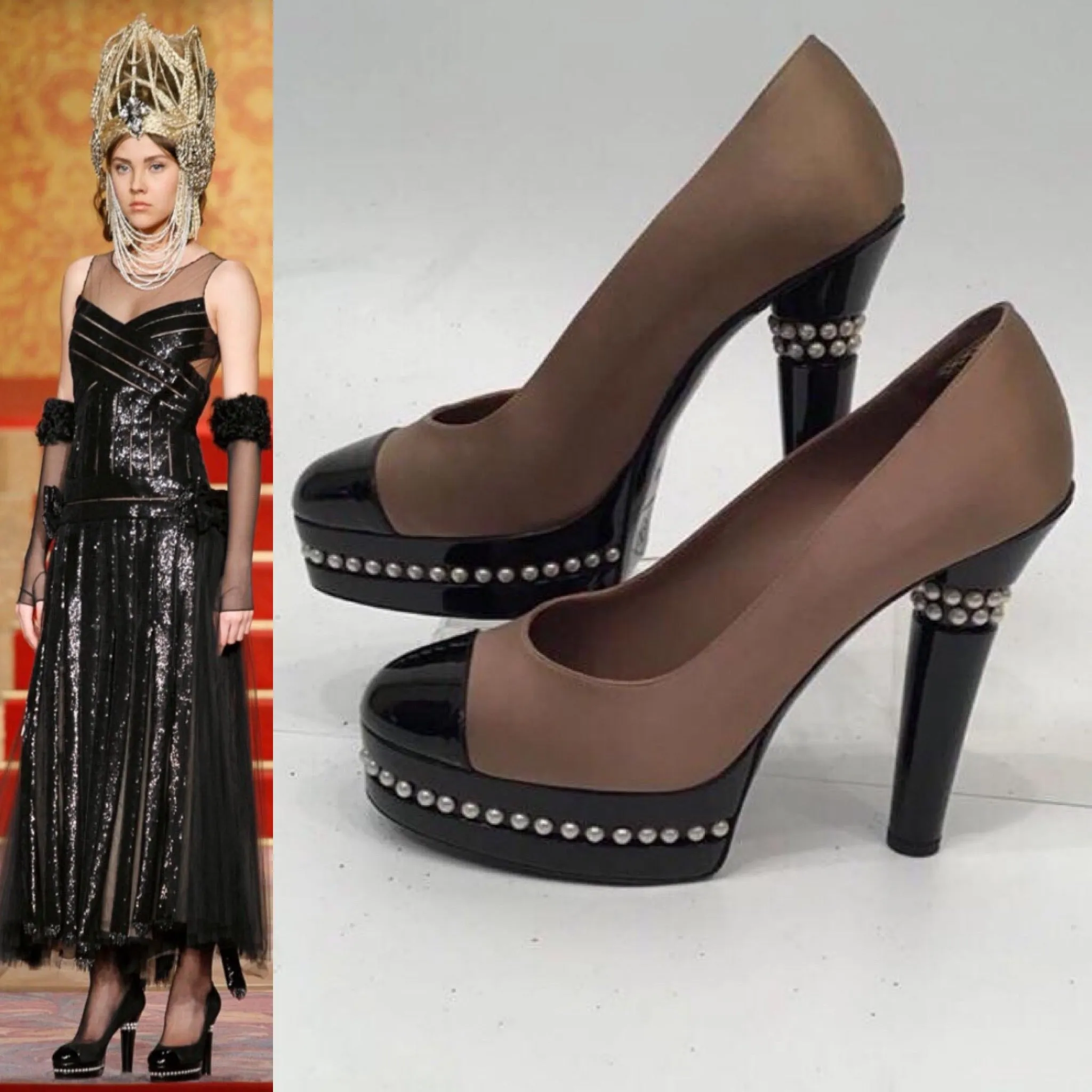 Chanel 2009 Fall 09A Paris Moscow Bicolor Patent Leather Satin Pearls Platform Heel Pumps EU 40 US 9/9.5