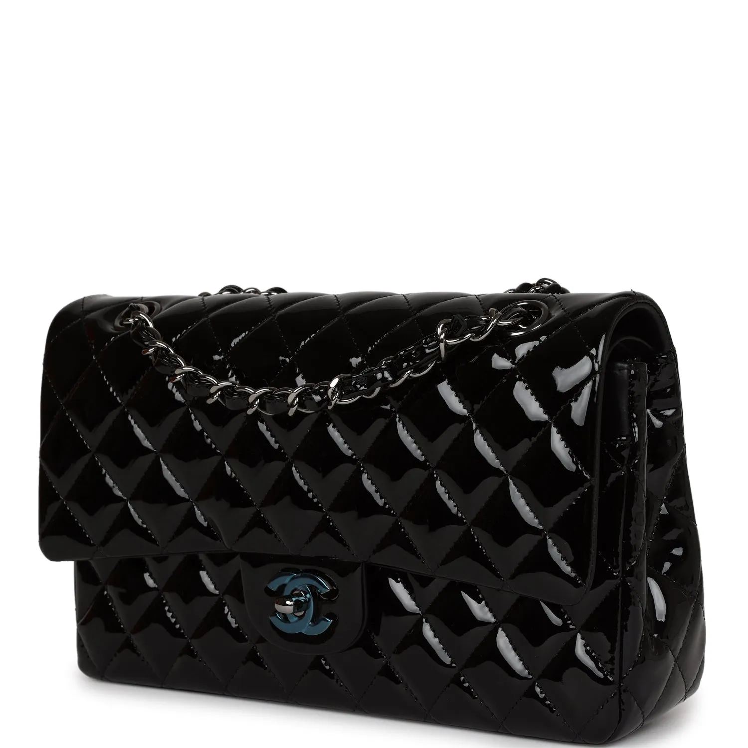 Chanel Medium Classic Double Flap Bag Black Patent Leather Silver Hardware