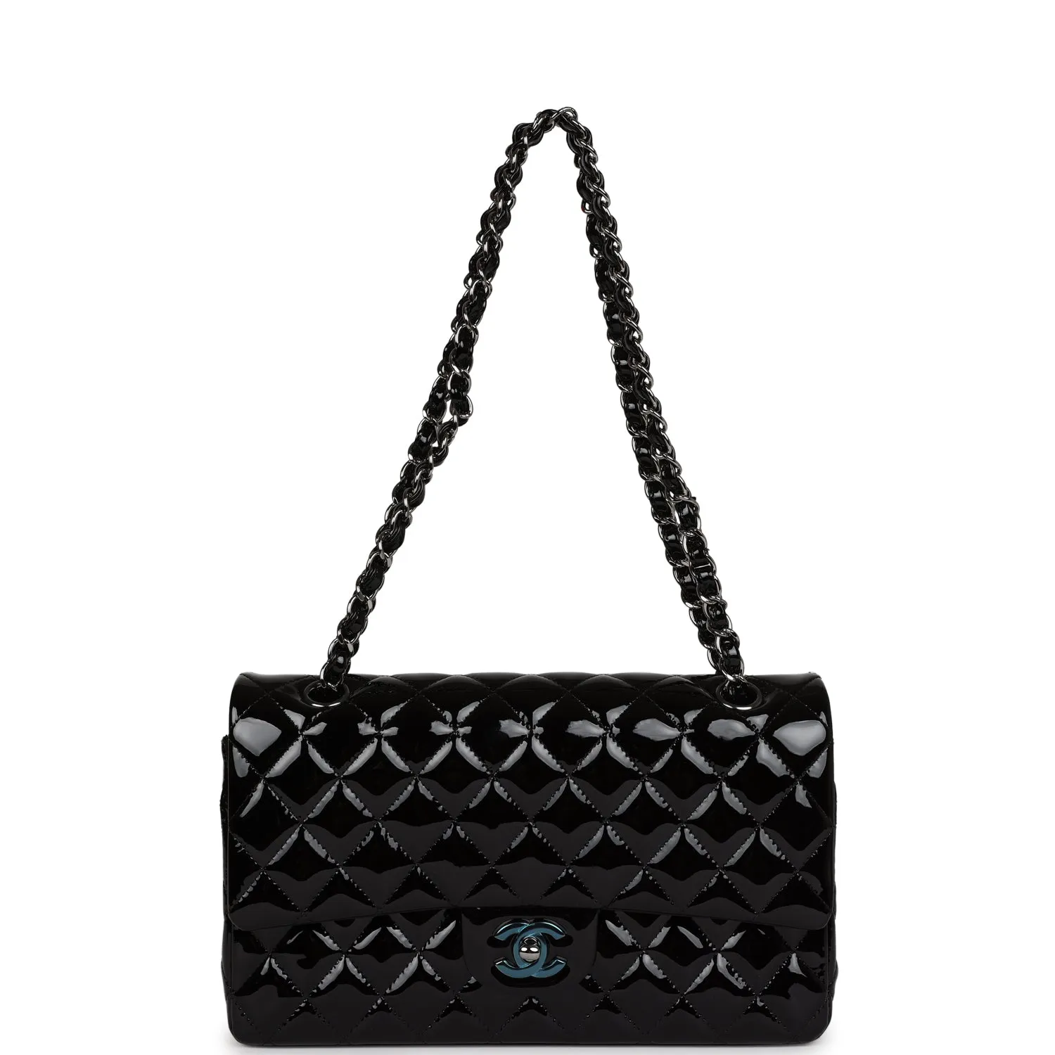 Chanel Medium Classic Double Flap Bag Black Patent Leather Silver Hardware