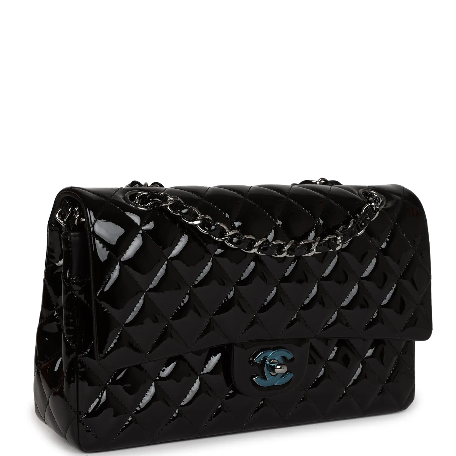 Chanel Medium Classic Double Flap Bag Black Patent Leather Silver Hardware