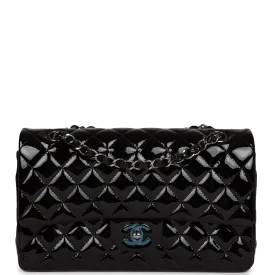 Chanel Medium Classic Double Flap Bag Black Patent Leather Silver Hardware