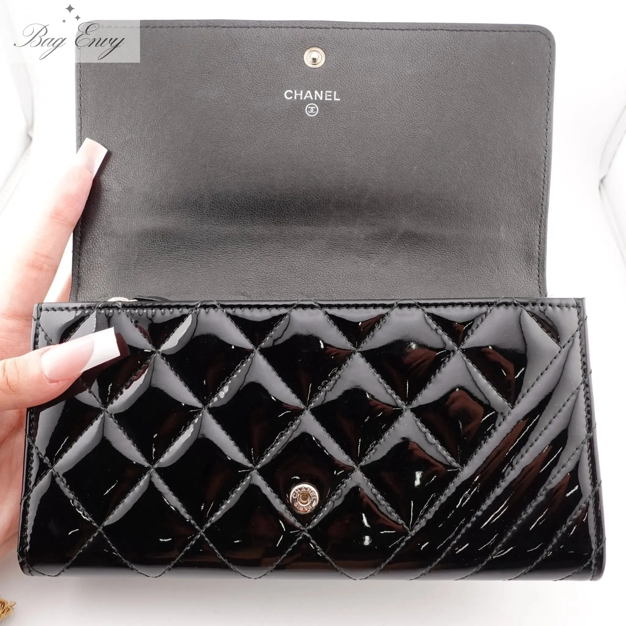 CHANEL Patent Leather Mixed Quilt Full Flap Wallet with Unbranded Chain
