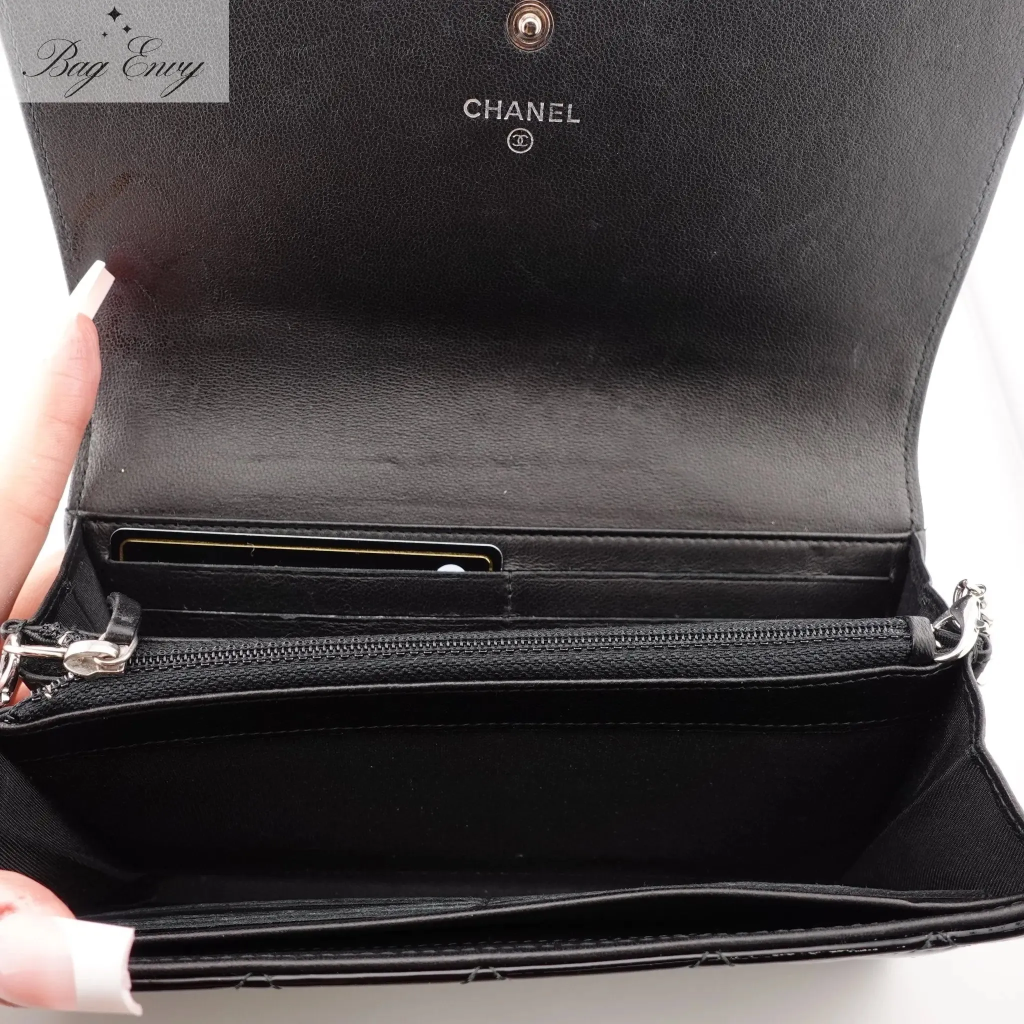 CHANEL Patent Leather Mixed Quilt Full Flap Wallet with Unbranded Chain