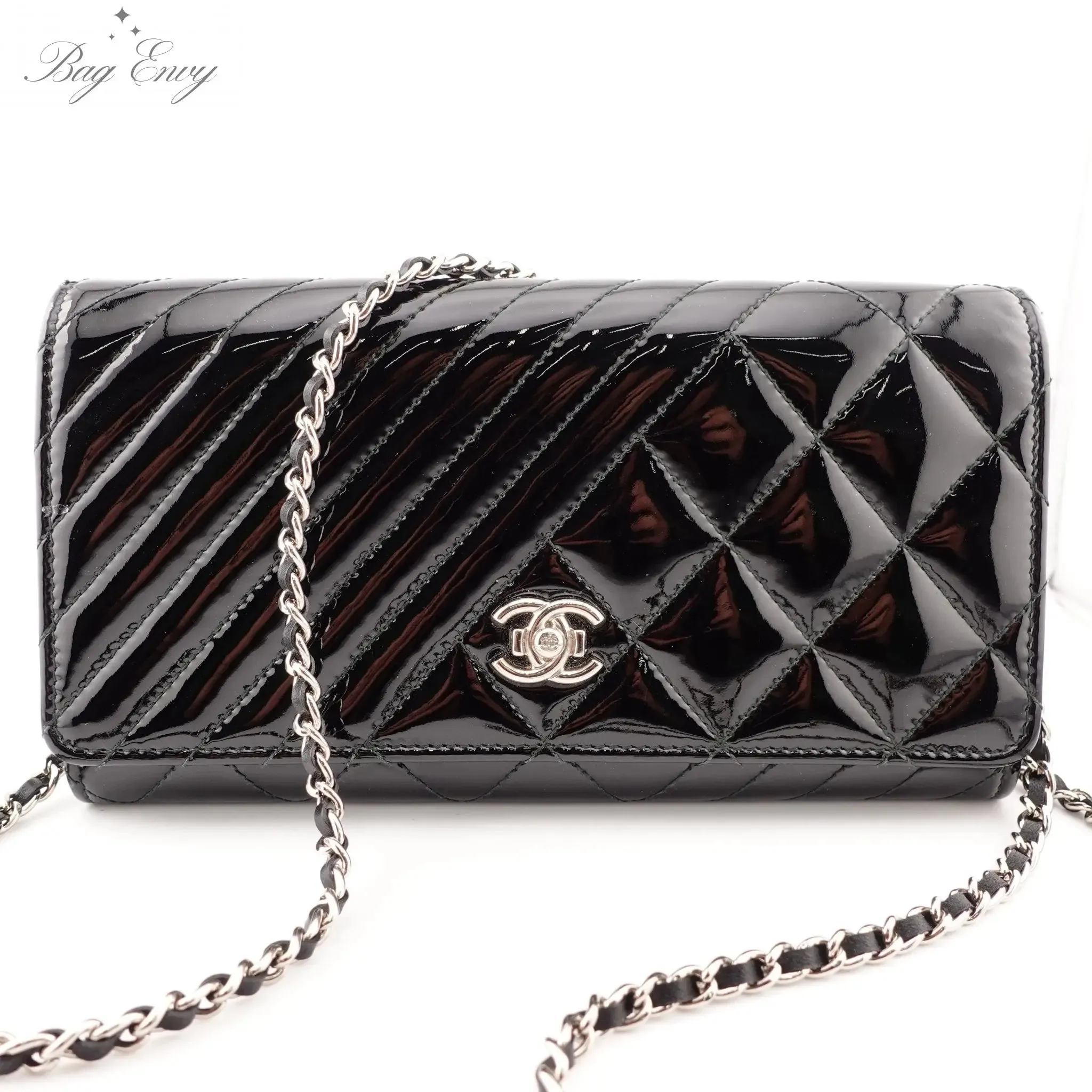 CHANEL Patent Leather Mixed Quilt Full Flap Wallet with Unbranded Chain