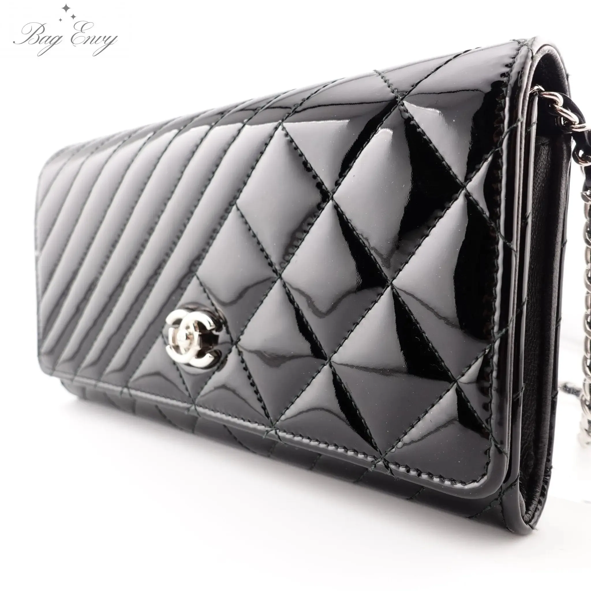CHANEL Patent Leather Mixed Quilt Full Flap Wallet with Unbranded Chain