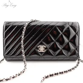 CHANEL Patent Leather Mixed Quilt Full Flap Wallet with Unbranded Chain