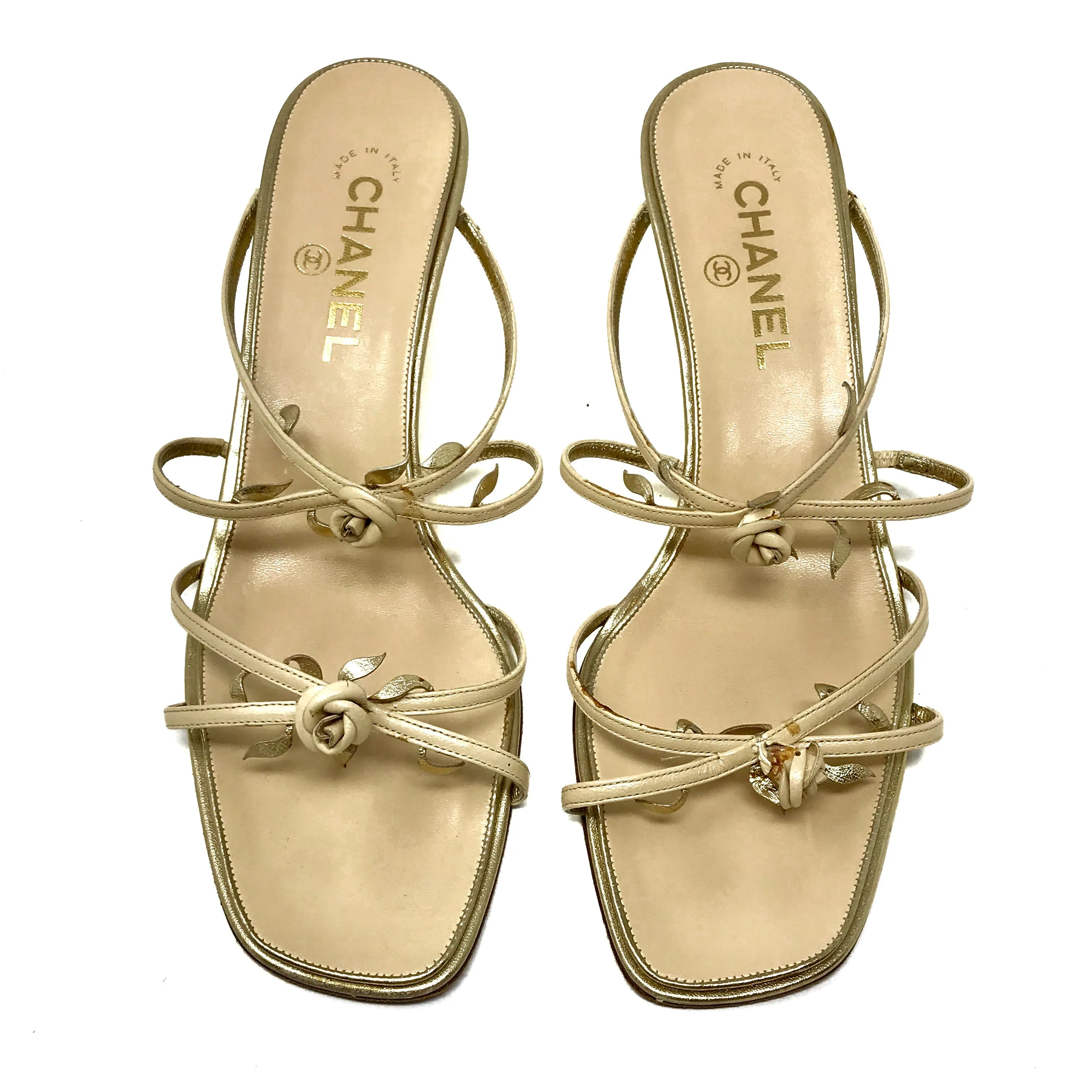 Chanel Tan Gold Rose Trimmed Heels Size US9.5 | IT40