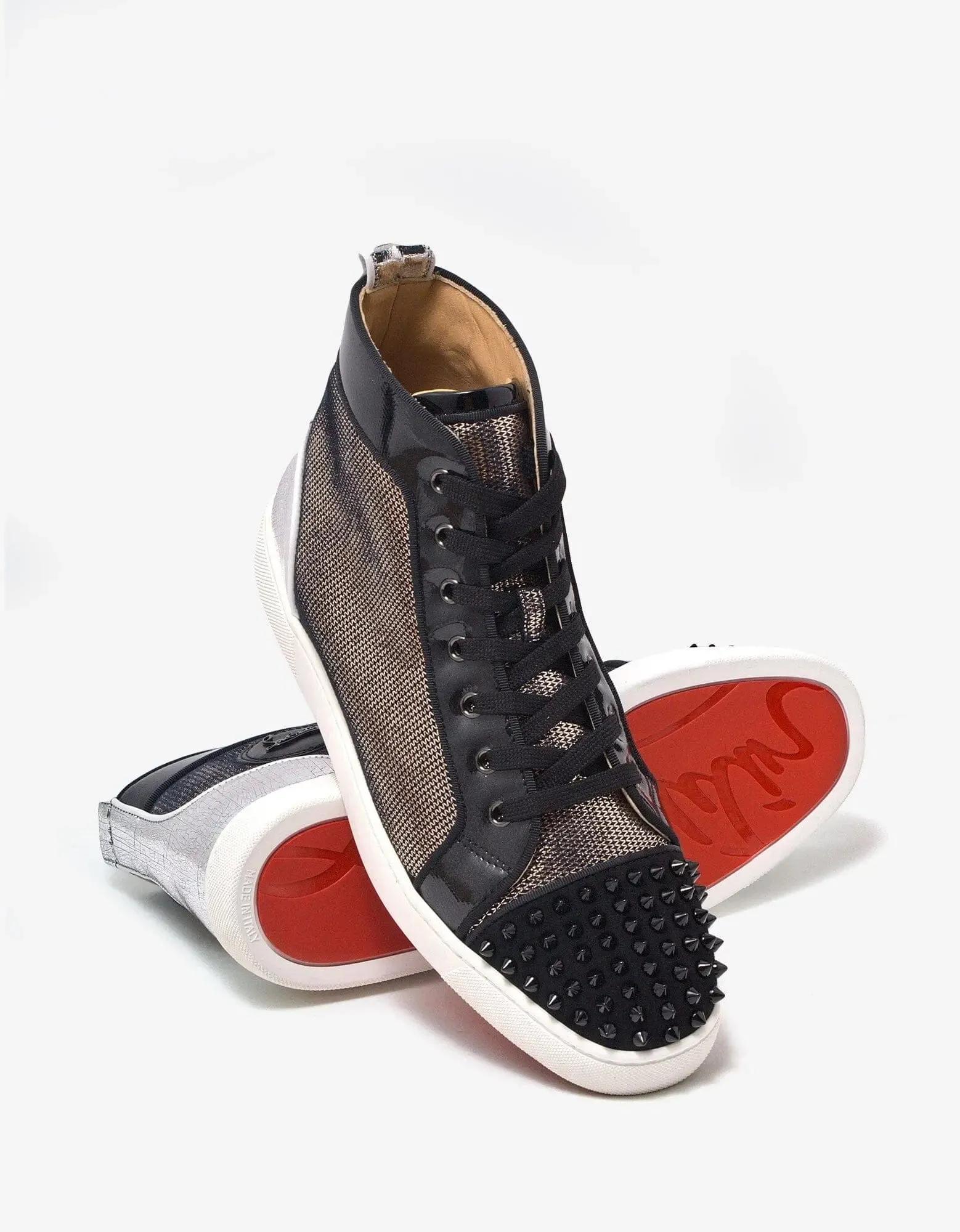 Christian Louboutin Lou Spikes Orlato Flat Metallic High Top Trainers -