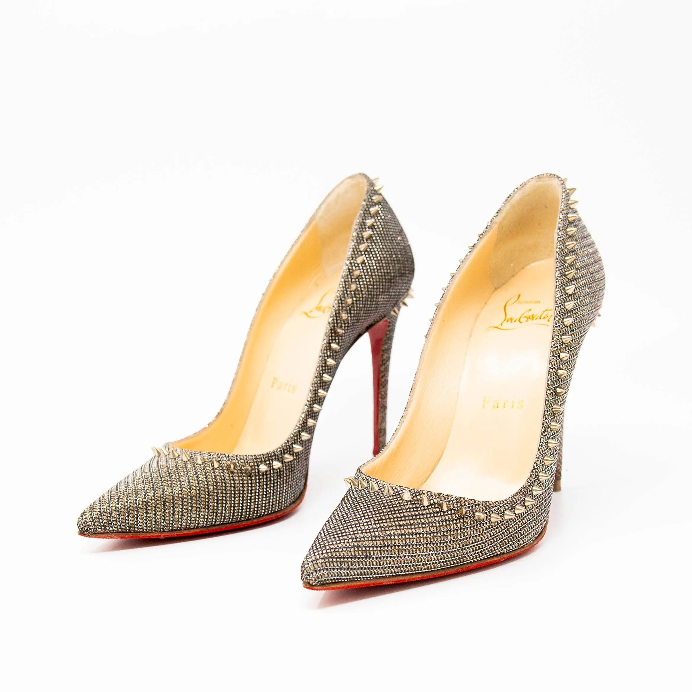 Christian Louboutin Silver Anjalina Glitter Spike Pumps 35