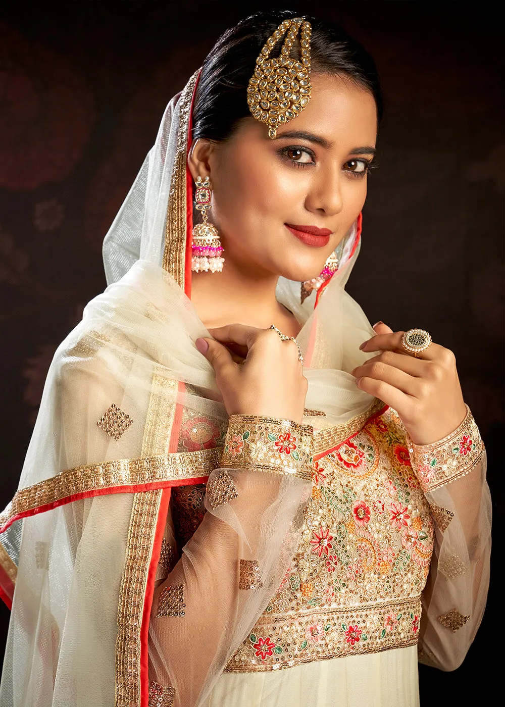 Cream Sparkly Net Embroidered Designer Anarkali Suit