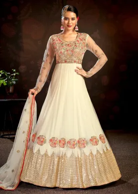 Cream Sparkly Net Embroidered Designer Anarkali Suit