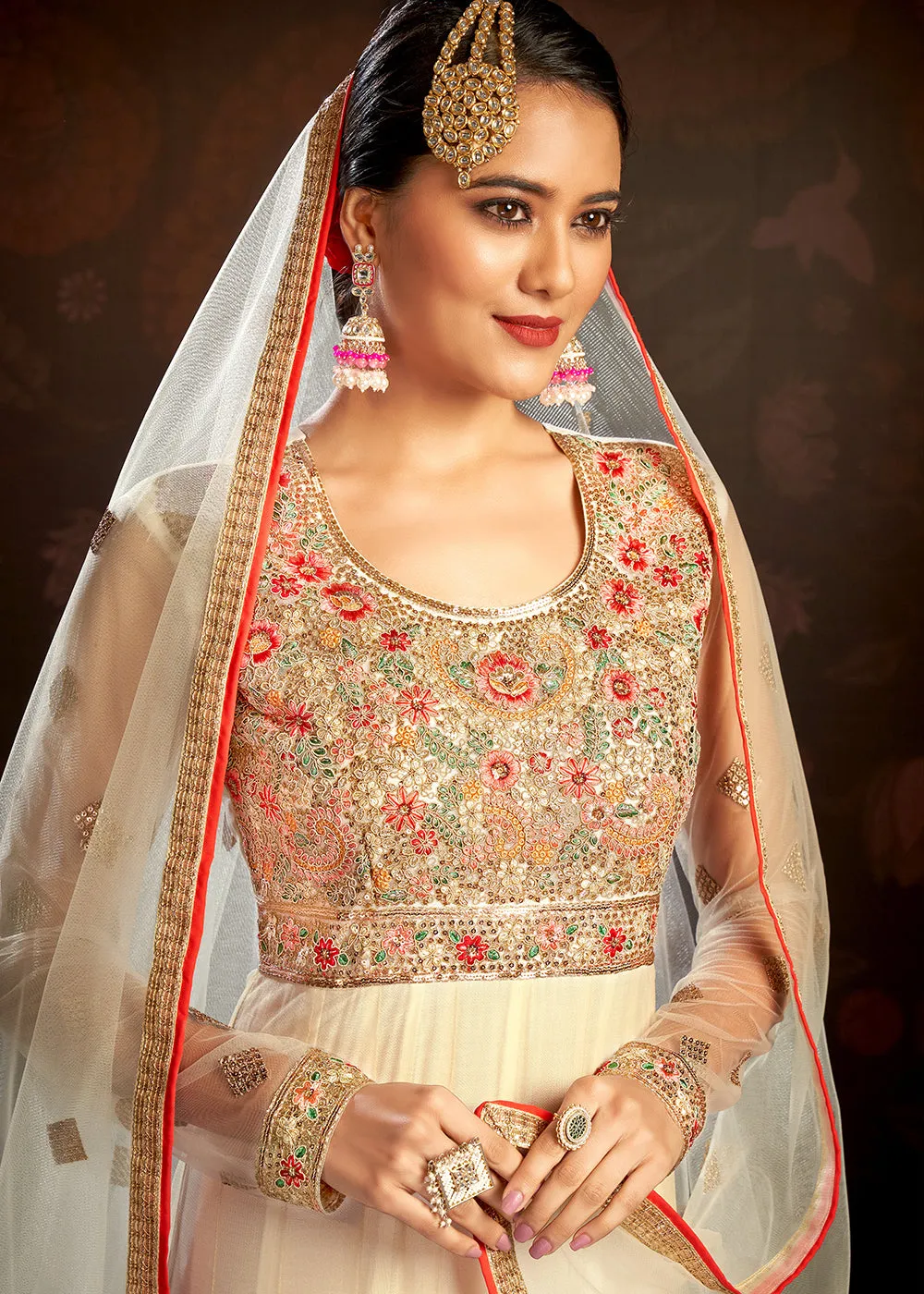 Cream Sparkly Net Embroidered Designer Anarkali Suit