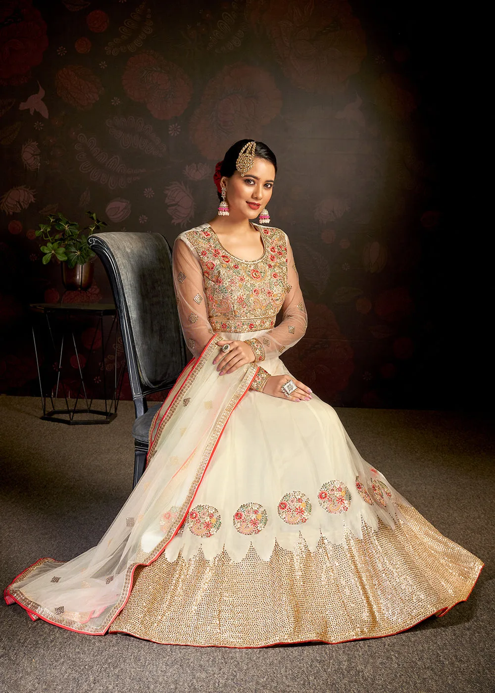 Cream Sparkly Net Embroidered Designer Anarkali Suit