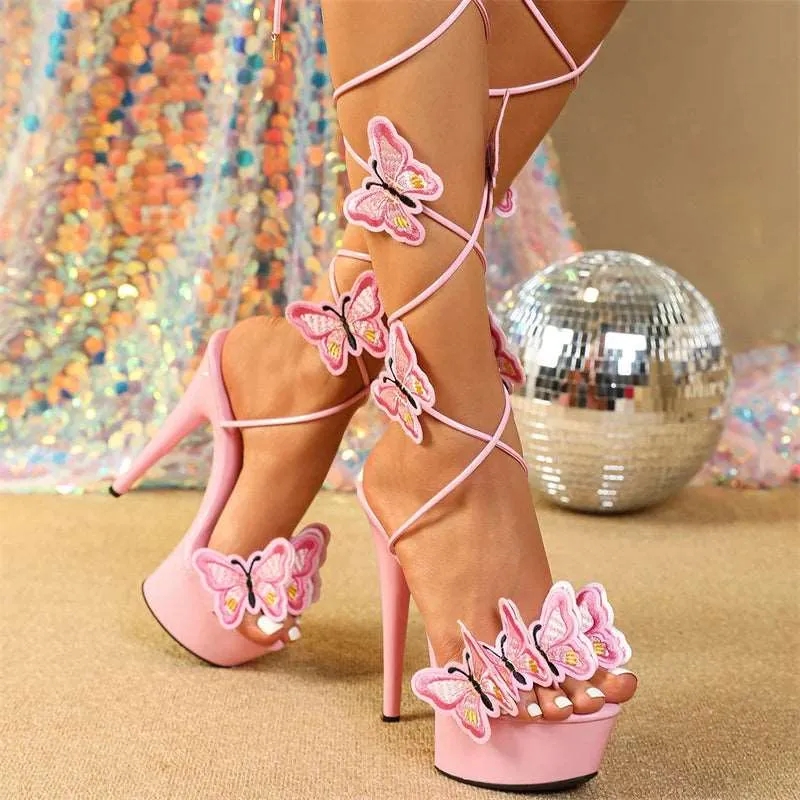 Cross Strap Platform Embroidery Butterfly Open Heels