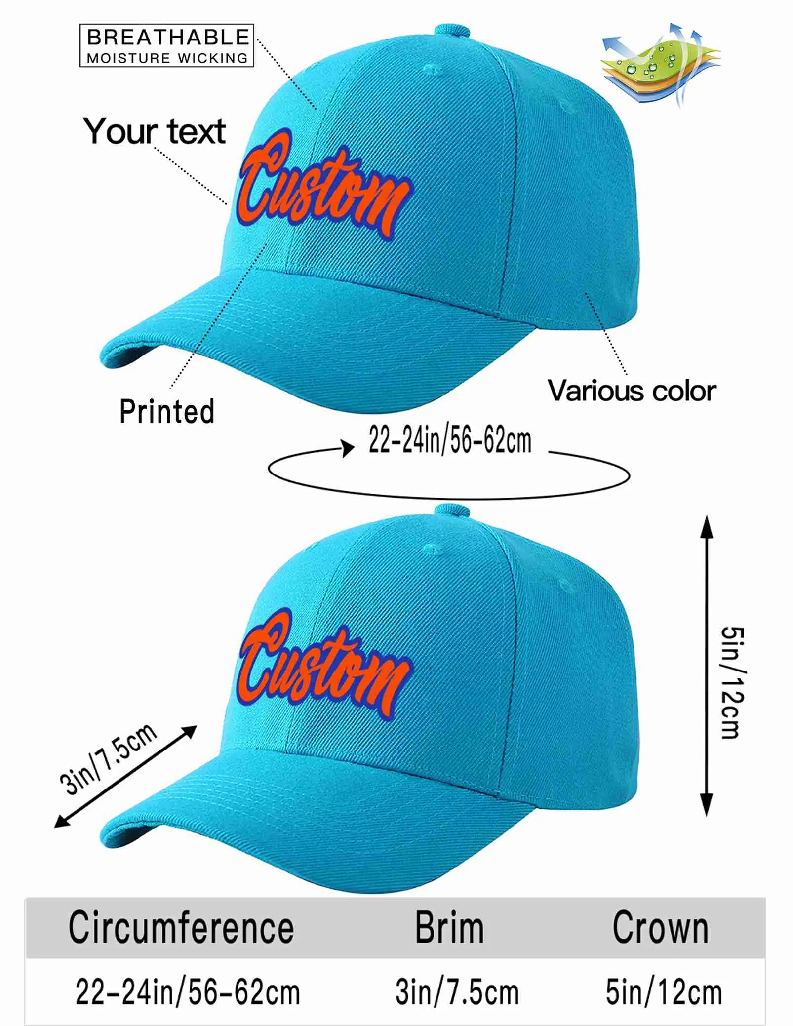 Custom Aqua Orange-Royal Curved Eaves Sport Baseball Cap Design for Men/Women/Youth
