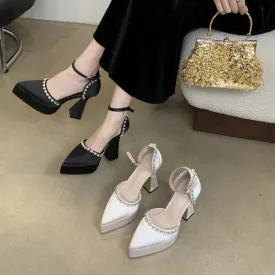 DEANWANGK  12cm Rhinestone Chain Fairy Women's Chunky Heels  Spring and Summer New  Style Temperament Pointed-Toe Hollowed Closed Toe High Heel Cool