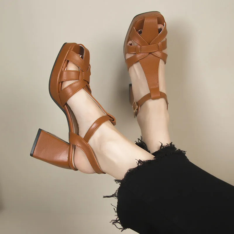 DEANWANGK  Closed Toe Hollow-out Roman Style High Heels Women's  Spring New Fashion Square Toe Hollow Chunky Heel Ankle-Strap Buckle Sandals