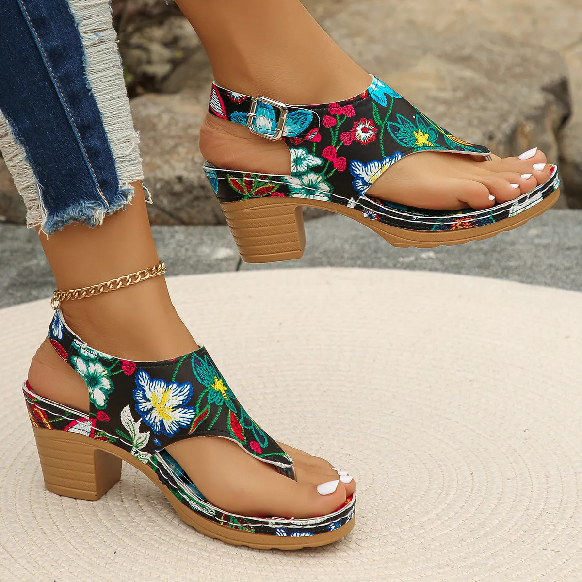 DEANWANGK  Cross-Border Sandals Flip-Flops European and American plus Size  Summer Flower Embroidered Chunky Heel Ankle-Strap Flip-Flops Women's High Heels