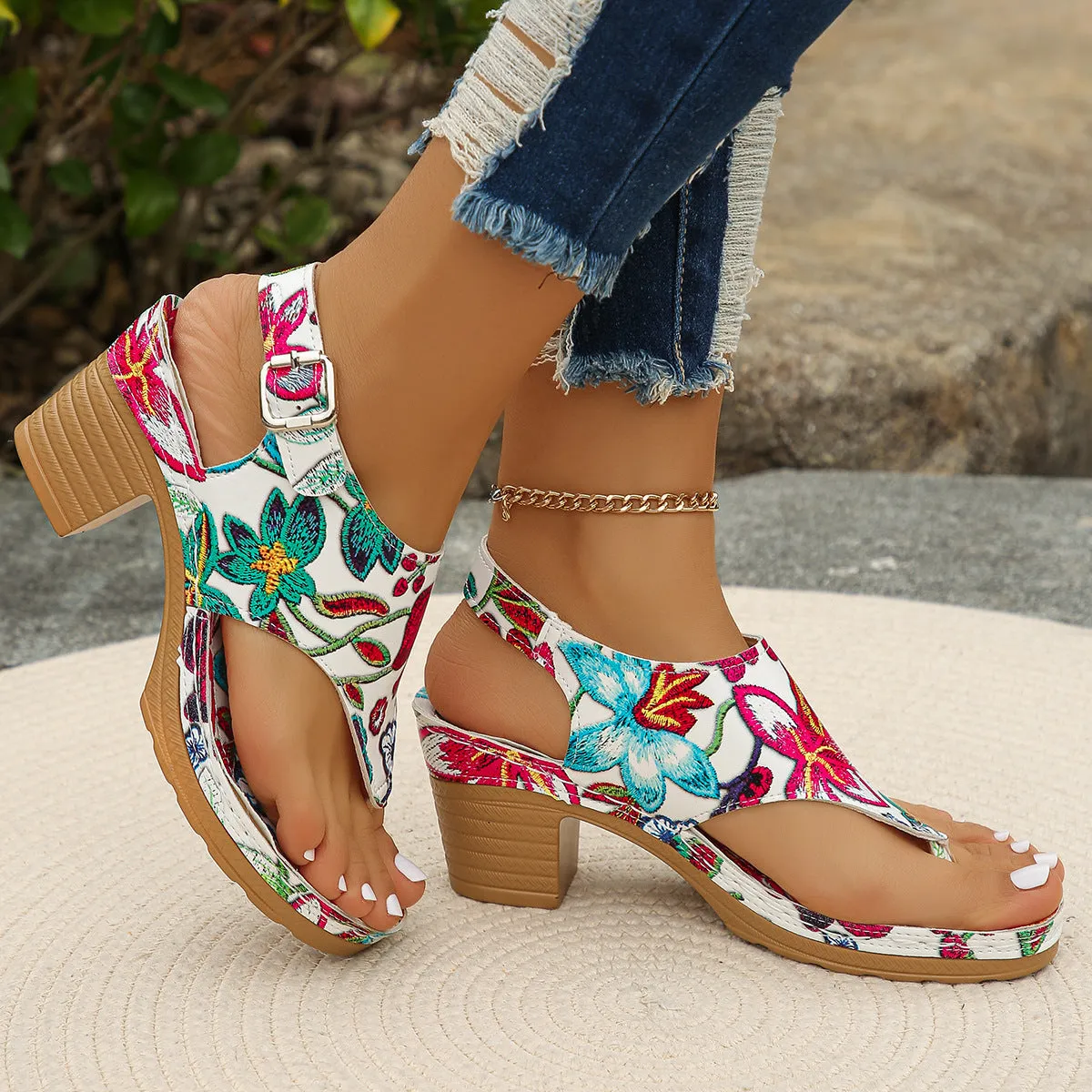 DEANWANGK  Cross-Border Sandals Flip-Flops European and American plus Size  Summer Flower Embroidered Chunky Heel Ankle-Strap Flip-Flops Women's High Heels