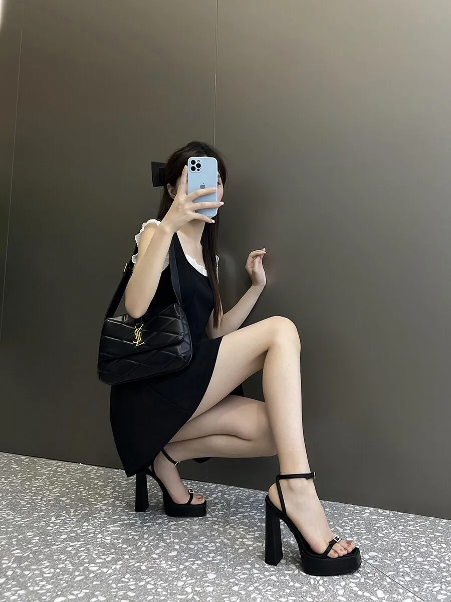 DEANWANGK  Summer Park Caiying Rose Same Style Thick Bottom Waterproof Platform High Heels Female Word Strap Chunky Heel High Heel Sandals