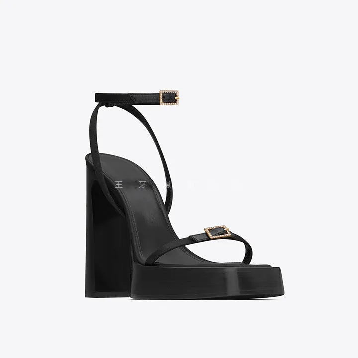 DEANWANGK  Summer Park Caiying Rose Same Style Thick Bottom Waterproof Platform High Heels Female Word Strap Chunky Heel High Heel Sandals