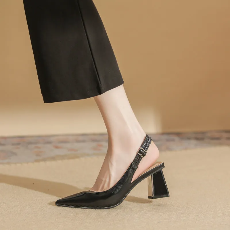 DEANWANGKT  61208 [Sheepskin] Pointed High Heel Shoes Women's Chunky Heel  Summer New Word Strap Closed Toe Sandals
