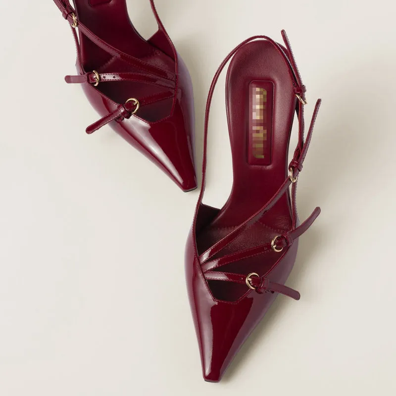 DEANWANGKT  Exclusive for Cross-Border Ankle-Strap Stilettos Square Toe High Heel Sandals Wine Red Closed Toe Fashion European and American Style Classy High Heels