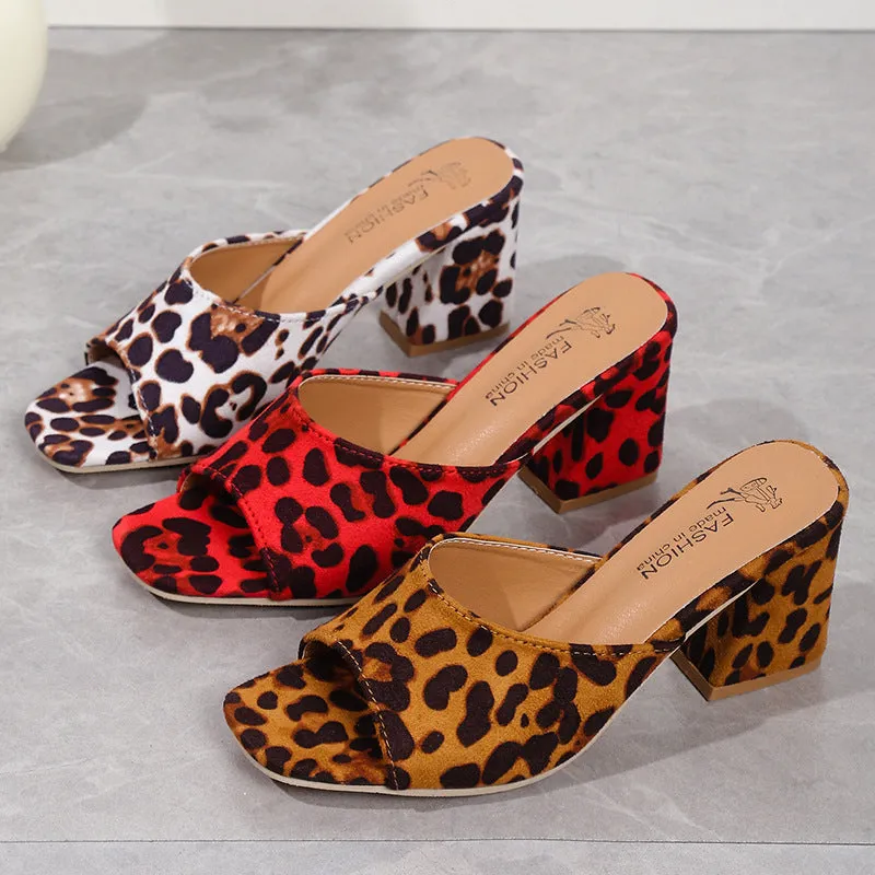 DEANWANGKT  Leopard Print Suede High Heels  New Square Toe Chunky Heel Sexy Slippers plus Size Women Heels