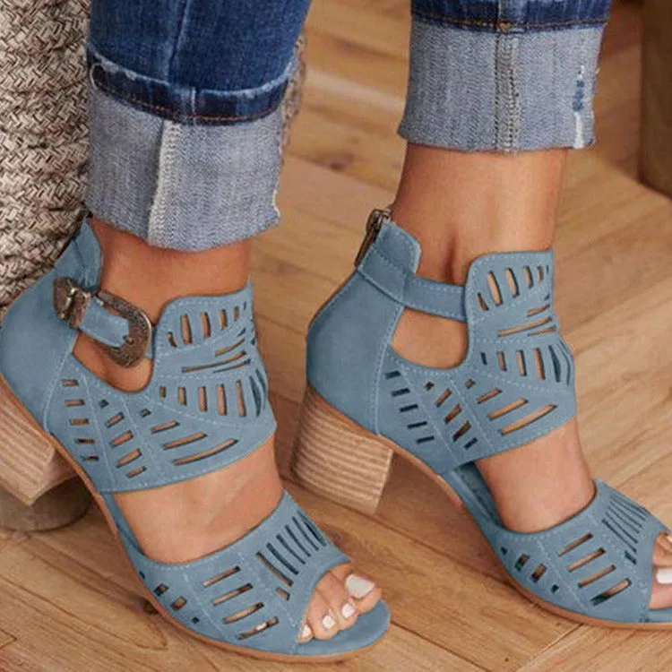 DEANWANGKT  Wish  Cross-Border plus Size Sandals Women's 2021 New Rhinestone Chunky Heel High Heel Buckle Peep Toe Sandals Wholesale
