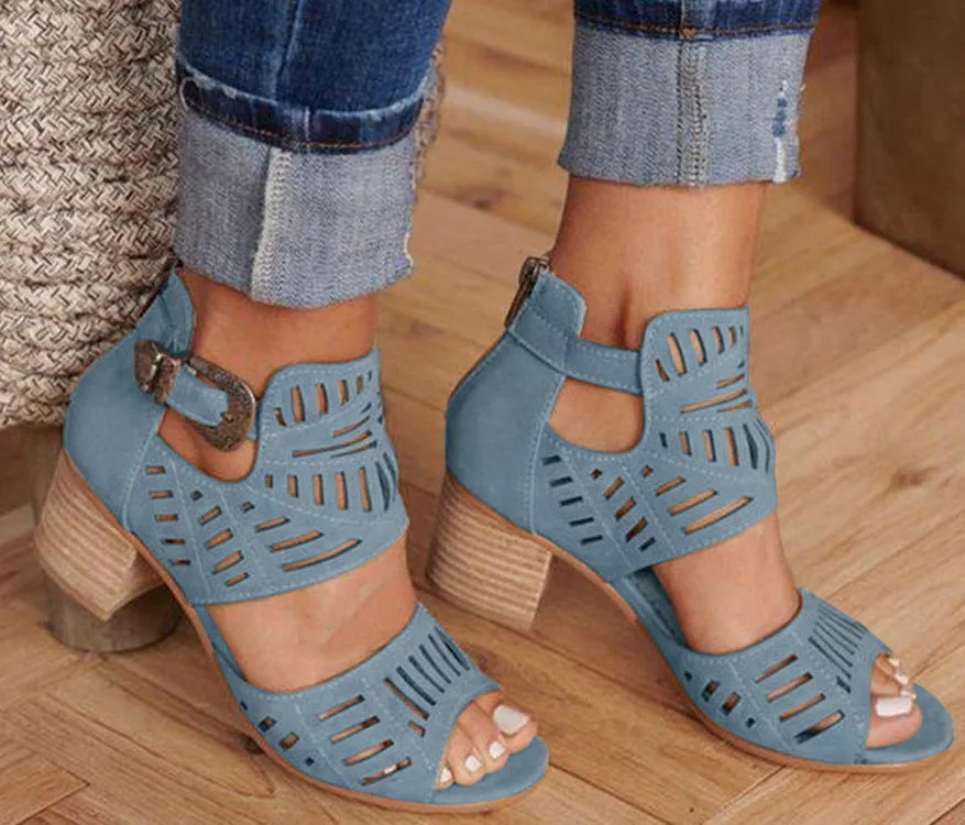 DEANWANGKT  Wish  Cross-Border plus Size Sandals Women's 2021 New Rhinestone Chunky Heel High Heel Buckle Peep Toe Sandals Wholesale