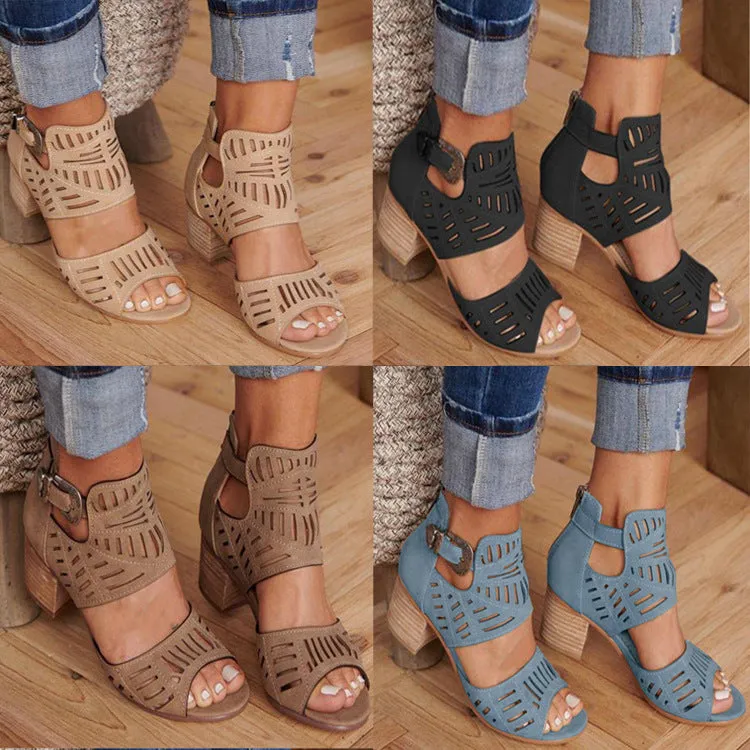 DEANWANGKT  Wish  Cross-Border plus Size Sandals Women's 2021 New Rhinestone Chunky Heel High Heel Buckle Peep Toe Sandals Wholesale