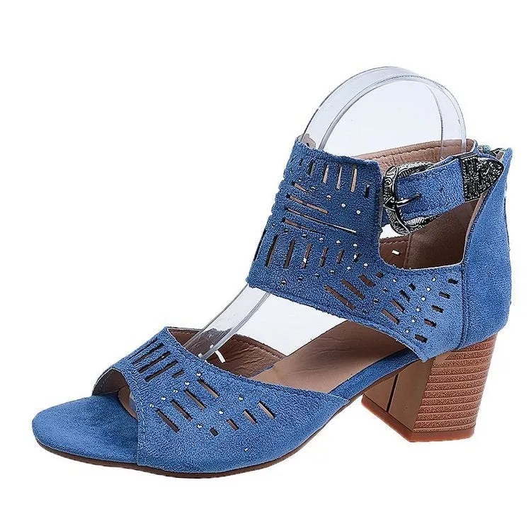DEANWANGKT  Wish  Cross-Border plus Size Sandals Women's 2021 New Rhinestone Chunky Heel High Heel Buckle Peep Toe Sandals Wholesale