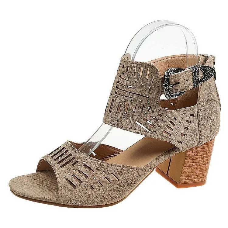 DEANWANGKT  Wish  Cross-Border plus Size Sandals Women's 2021 New Rhinestone Chunky Heel High Heel Buckle Peep Toe Sandals Wholesale