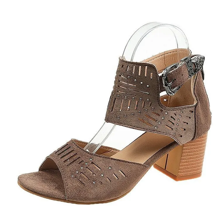 DEANWANGKT  Wish  Cross-Border plus Size Sandals Women's 2021 New Rhinestone Chunky Heel High Heel Buckle Peep Toe Sandals Wholesale