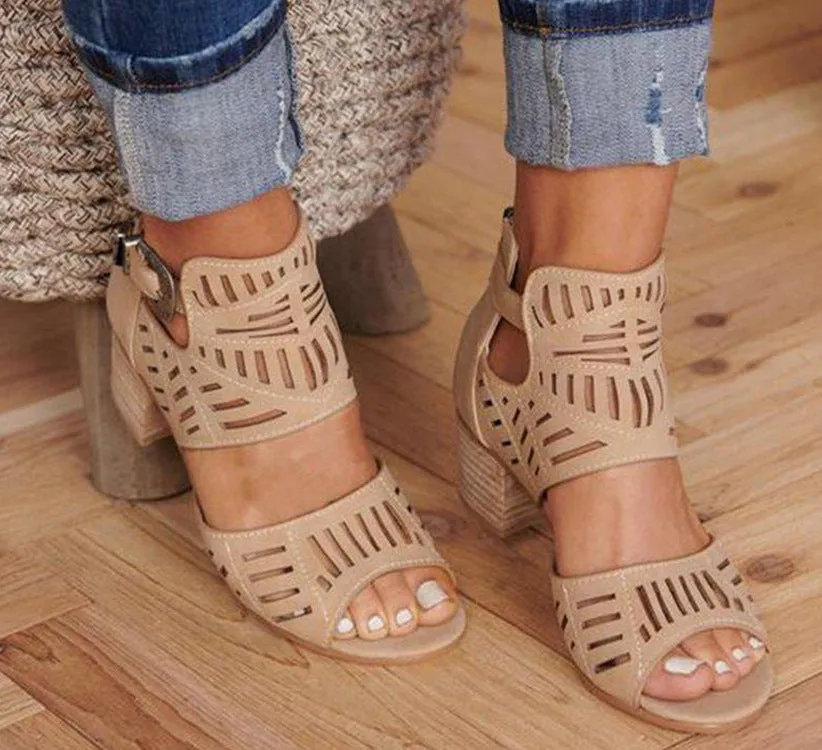 DEANWANGKT  Wish  Cross-Border plus Size Sandals Women's 2021 New Rhinestone Chunky Heel High Heel Buckle Peep Toe Sandals Wholesale