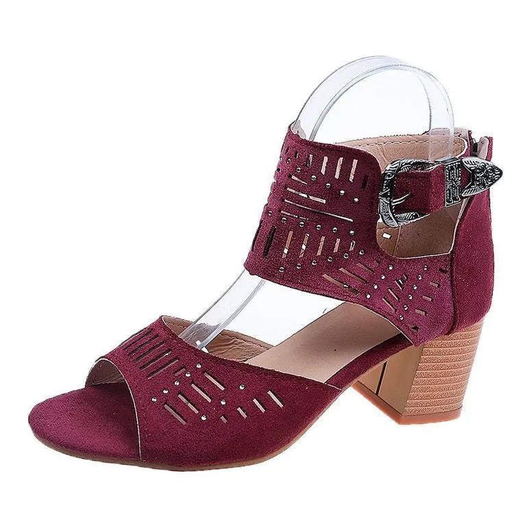 DEANWANGKT  Wish  Cross-Border plus Size Sandals Women's 2021 New Rhinestone Chunky Heel High Heel Buckle Peep Toe Sandals Wholesale