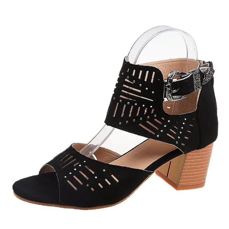 DEANWANGKT  Wish  Cross-Border plus Size Sandals Women's 2021 New Rhinestone Chunky Heel High Heel Buckle Peep Toe Sandals Wholesale