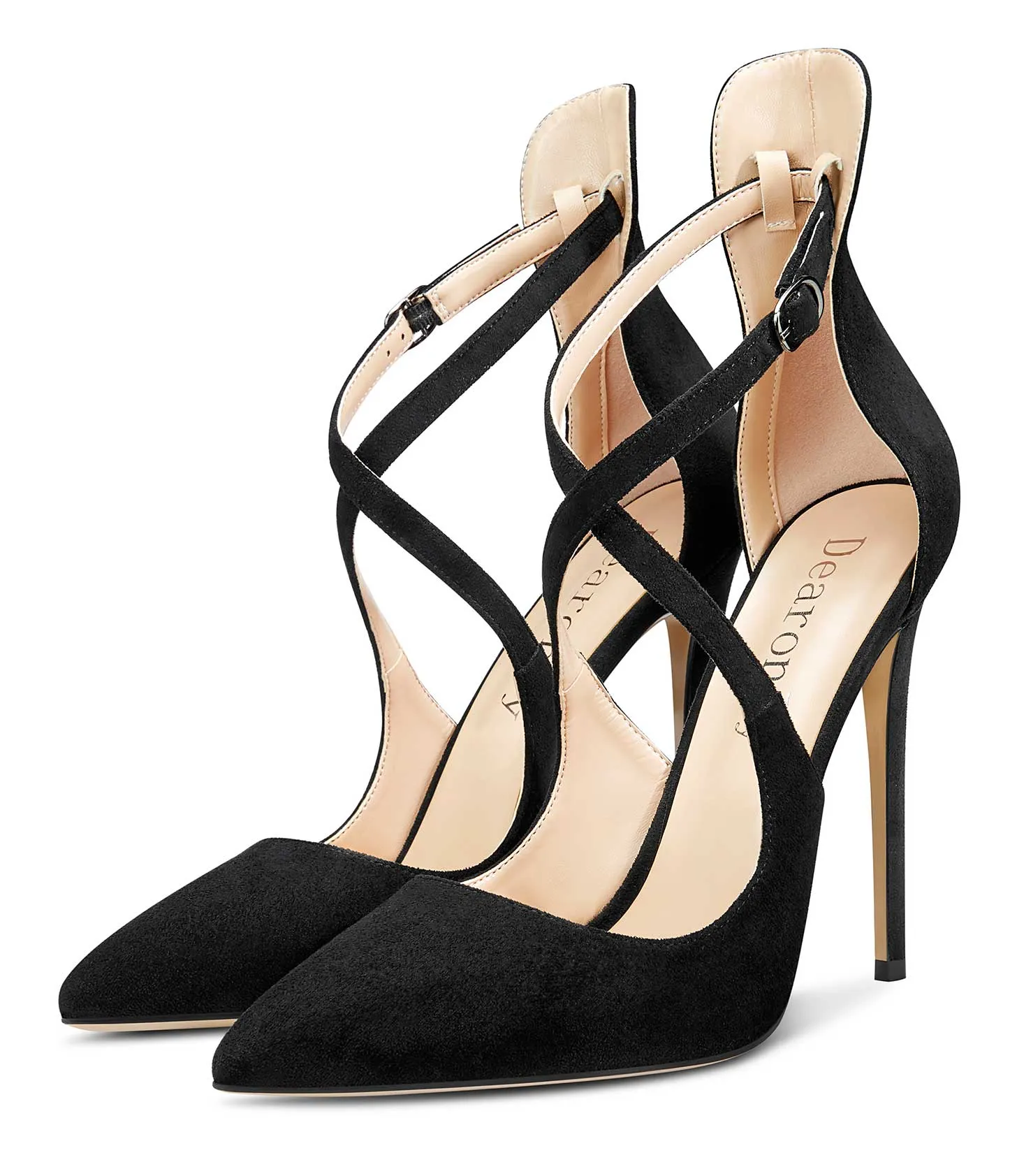 DearOnly Women's High Heels Cross Ankle Strap Pumps Pointed Toe 4.7" Inch Suede Heel Buckle
