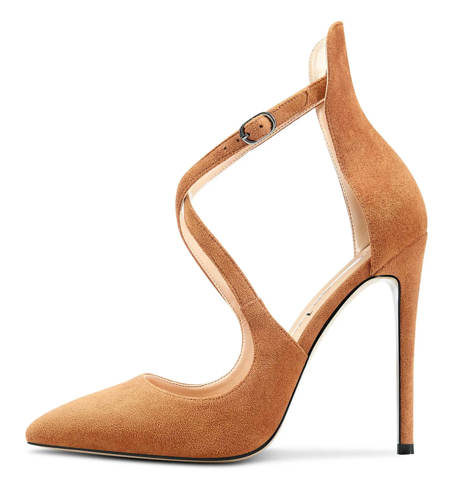 DearOnly Women's High Heels Cross Ankle Strap Pumps Pointed Toe 4.7" Inch Suede Heel Buckle