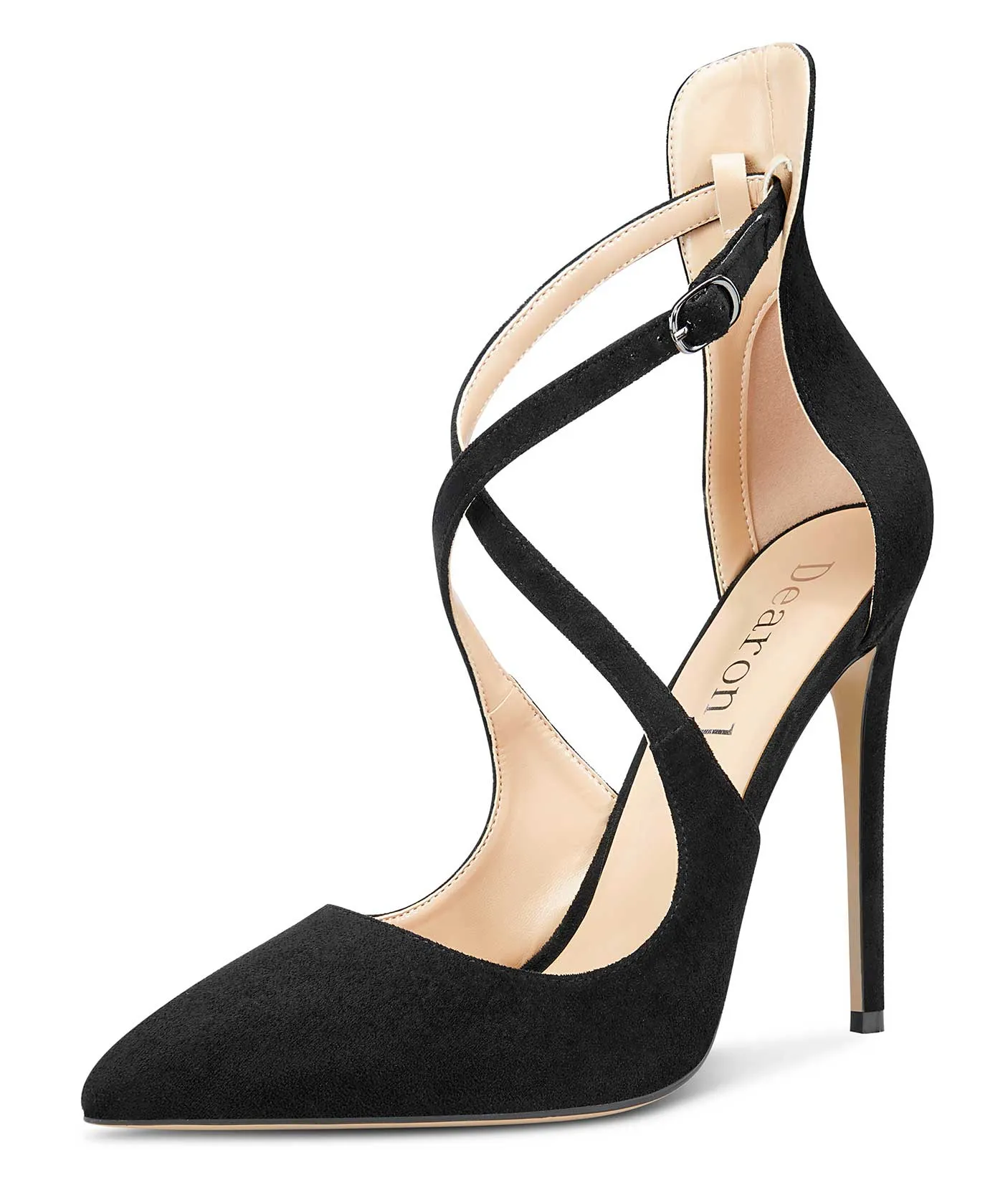 DearOnly Women's High Heels Cross Ankle Strap Pumps Pointed Toe 4.7" Inch Suede Heel Buckle