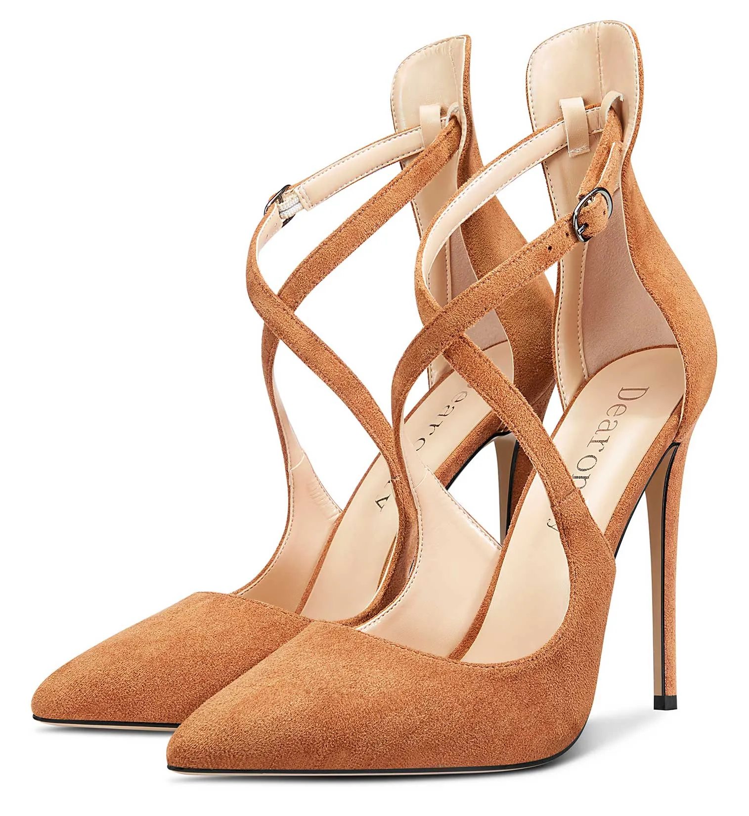 DearOnly Women's High Heels Cross Ankle Strap Pumps Pointed Toe 4.7" Inch Suede Heel Buckle