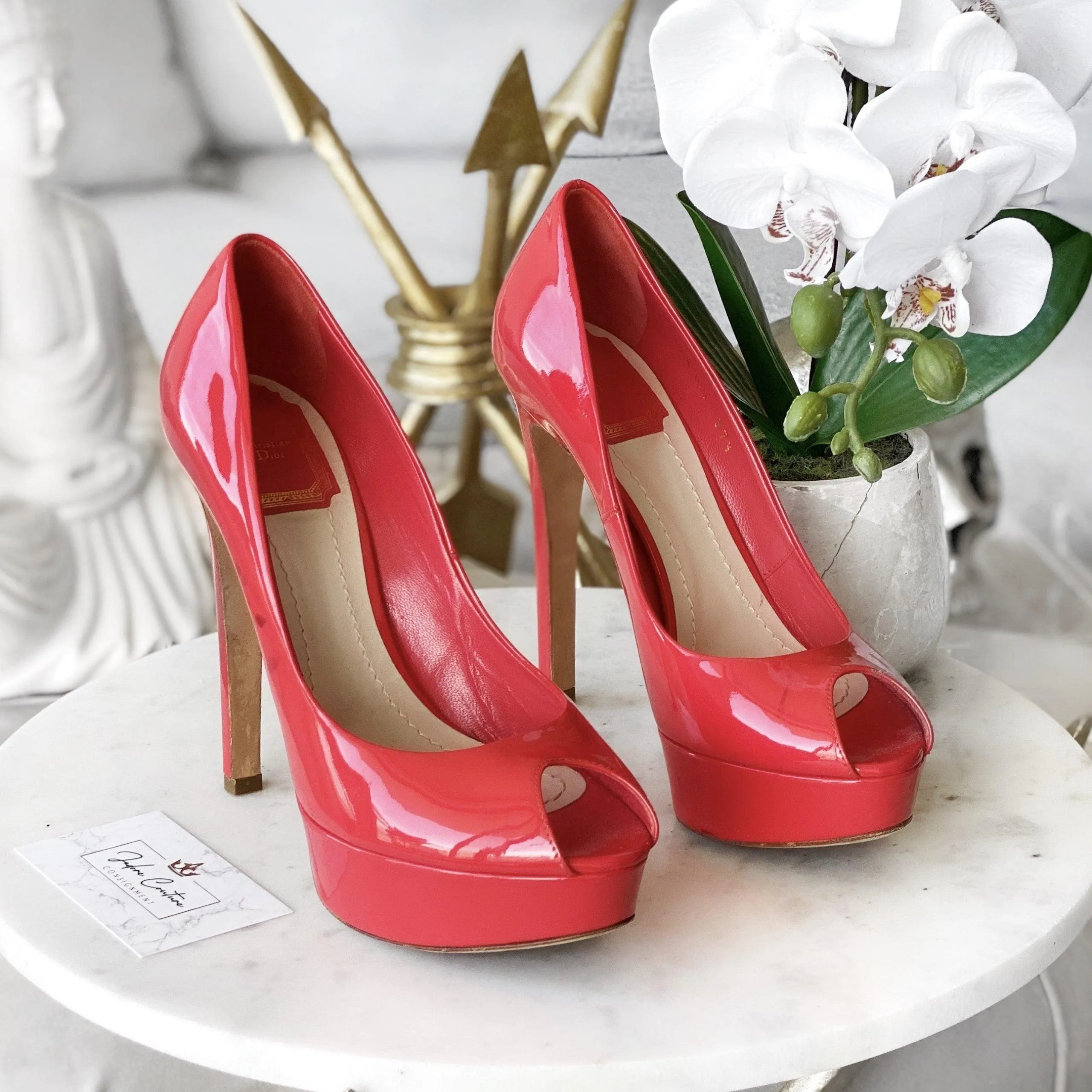 Dior Coral Patent Miss Dior Peep Toe Pumps 37.5